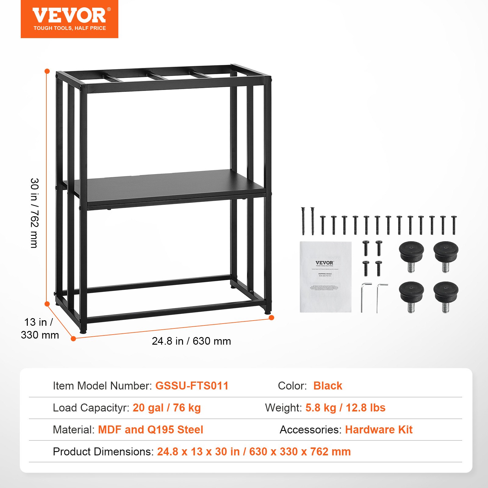 VEVOR Soporte para Acuario Carga de 76 kg Mueble para Acuario 63x33x76,2 cm Soporte para Tanque de Reptiles de Acero y MDF Robusto con Almacenamiento y Kit de Hardware para Salón, Oficina, Recepción