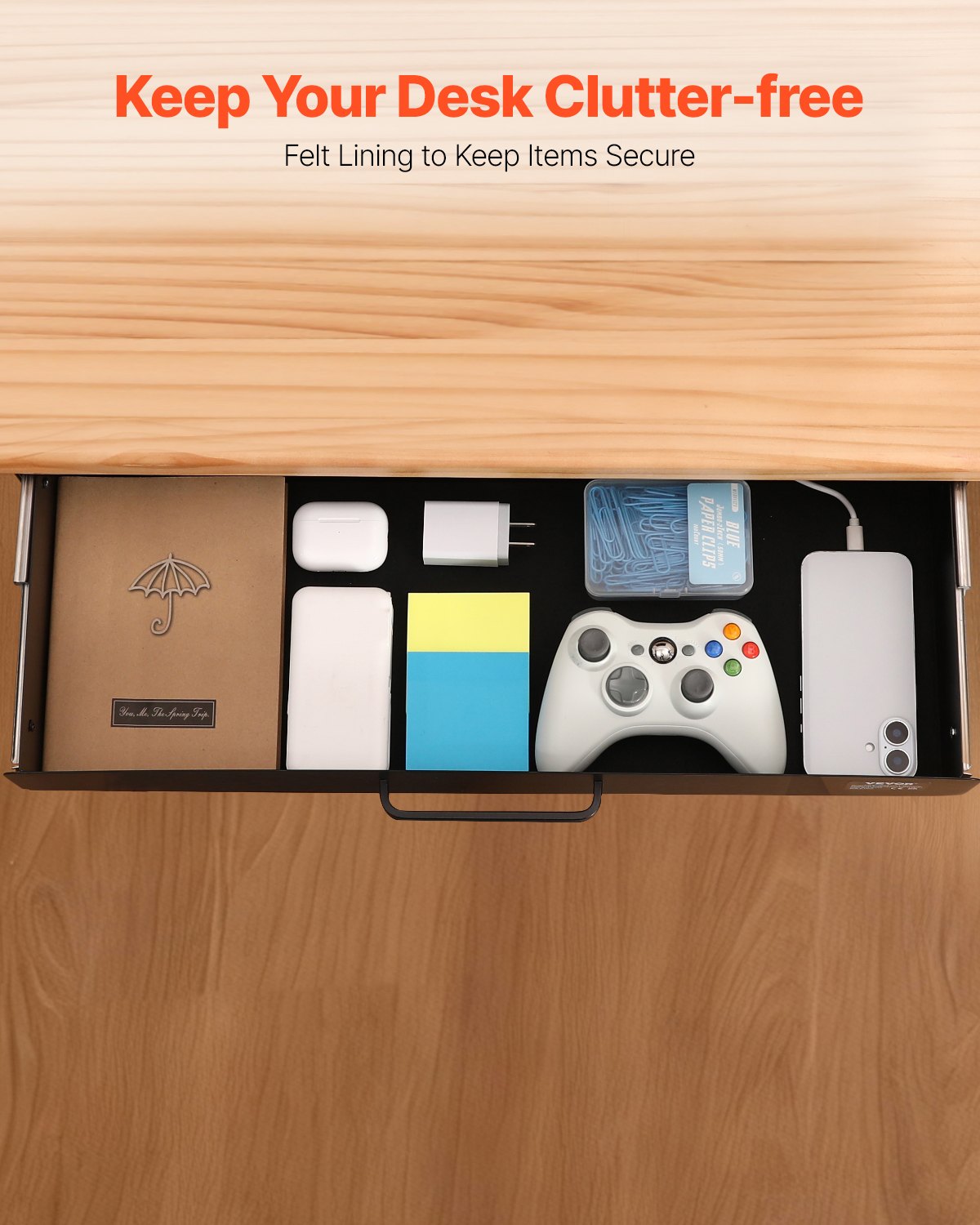 VEVOR Under-Desk Drawer 635x232x75 mm, Under-Desk Storage Organizer, Hidden Desk Organizer, Pencil Drawer for Sit-Stand Workstations in the Office & Home