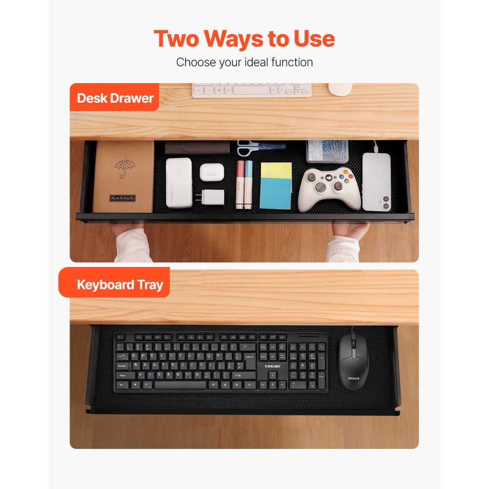 VEVOR Under-Desk Drawer 840x240x107mm, Under-Desk Storage Organizer, Hidden Desk Organizer, Pencil Drawer for Sit & Stand Workstations in the Office & Home