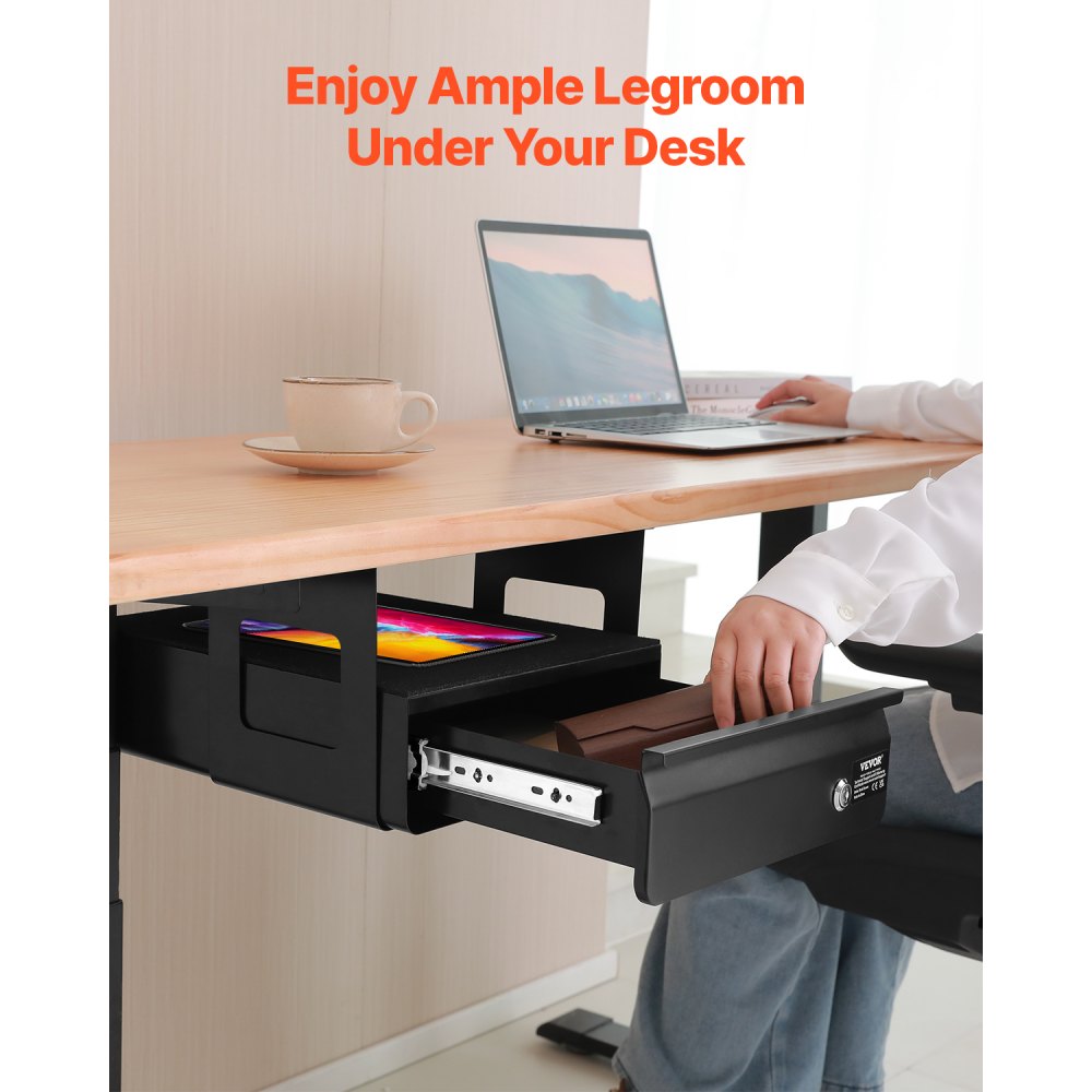 VEVOR Cajones Deslizables Debajo del Escritorio con Cerradura Cajón Extraíble Montado Debajo de Mesa Organizador de Almacenamiento Oculto de Escritorio con Cerradura para Oficina, 365 x 335 x 185 mm