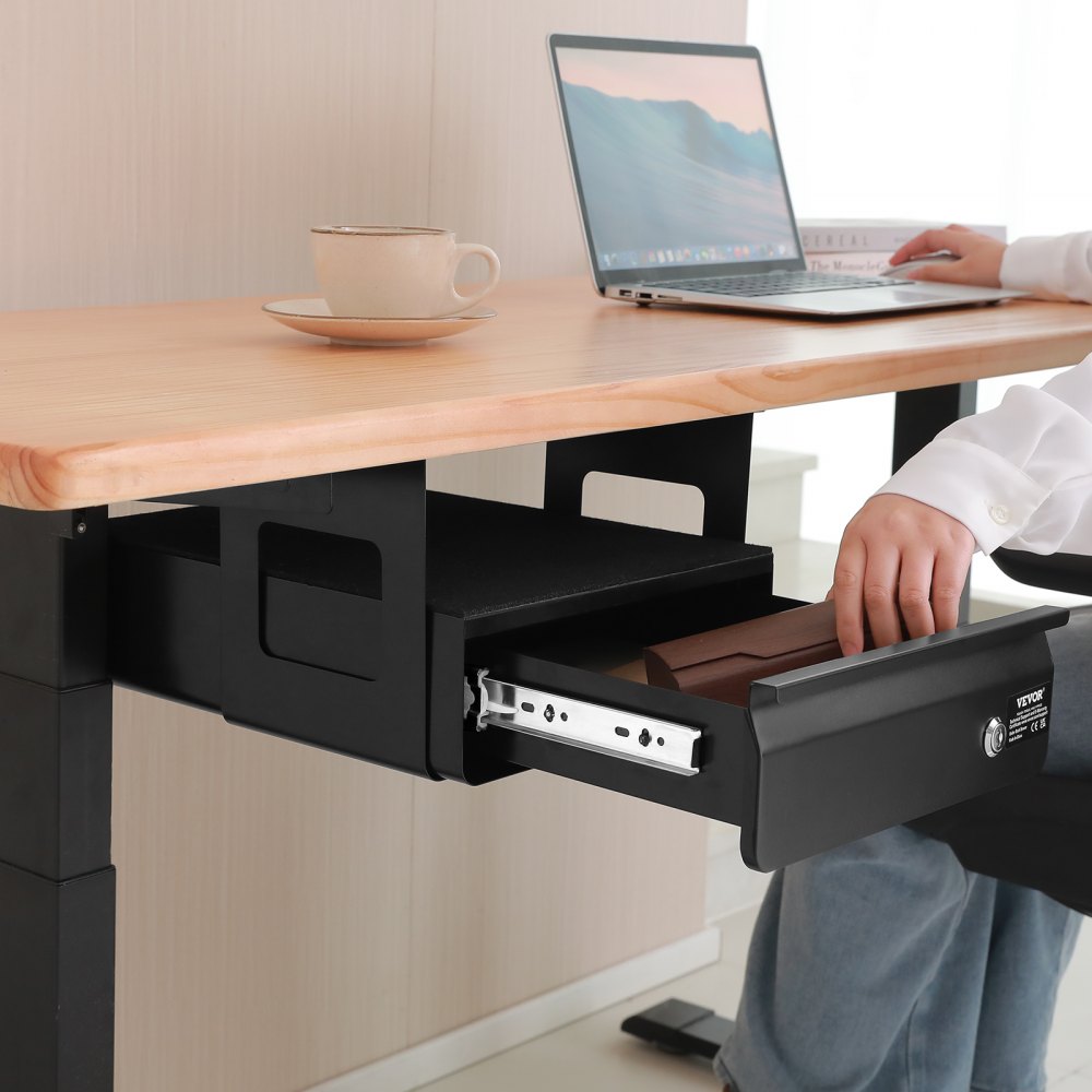 VEVOR Cajones Deslizables Debajo del Escritorio con Cerradura Cajón Extraíble Montado Debajo de Mesa Organizador de Almacenamiento Oculto de Escritorio con Cerradura para Oficina, 365 x 335 x 185 mm