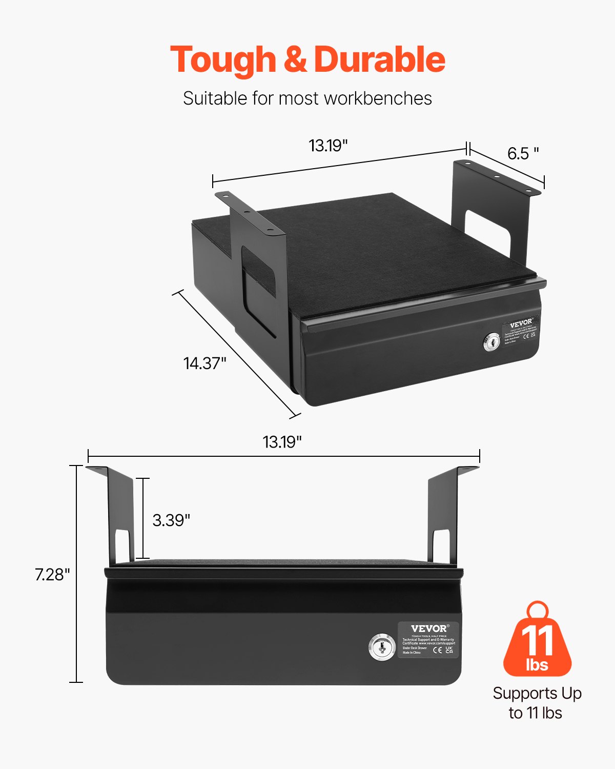 VEVOR Cajones Deslizables Debajo del Escritorio con Cerradura Cajón Extraíble Montado Debajo de Mesa Organizador de Almacenamiento Oculto de Escritorio con Cerradura para Oficina, 365 x 335 x 185 mm