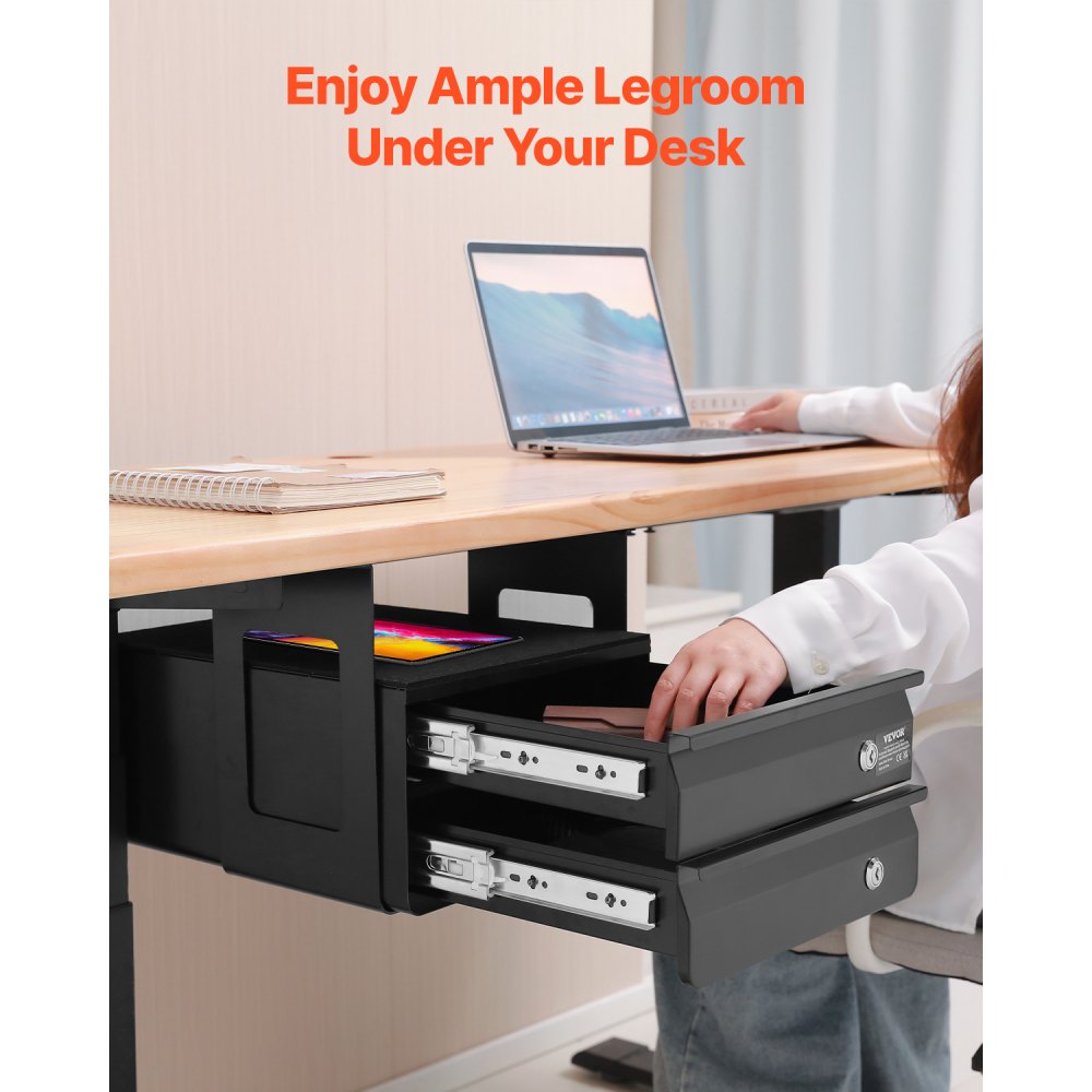 VEVOR Under-Desk Drawer 365x335x250 mm, Under-Desk Mounting, Hidden 2-Tier Storage Organizer, Lockable Pencil Drawer for Under-Desk Mounting for Sit-Stand Workstations