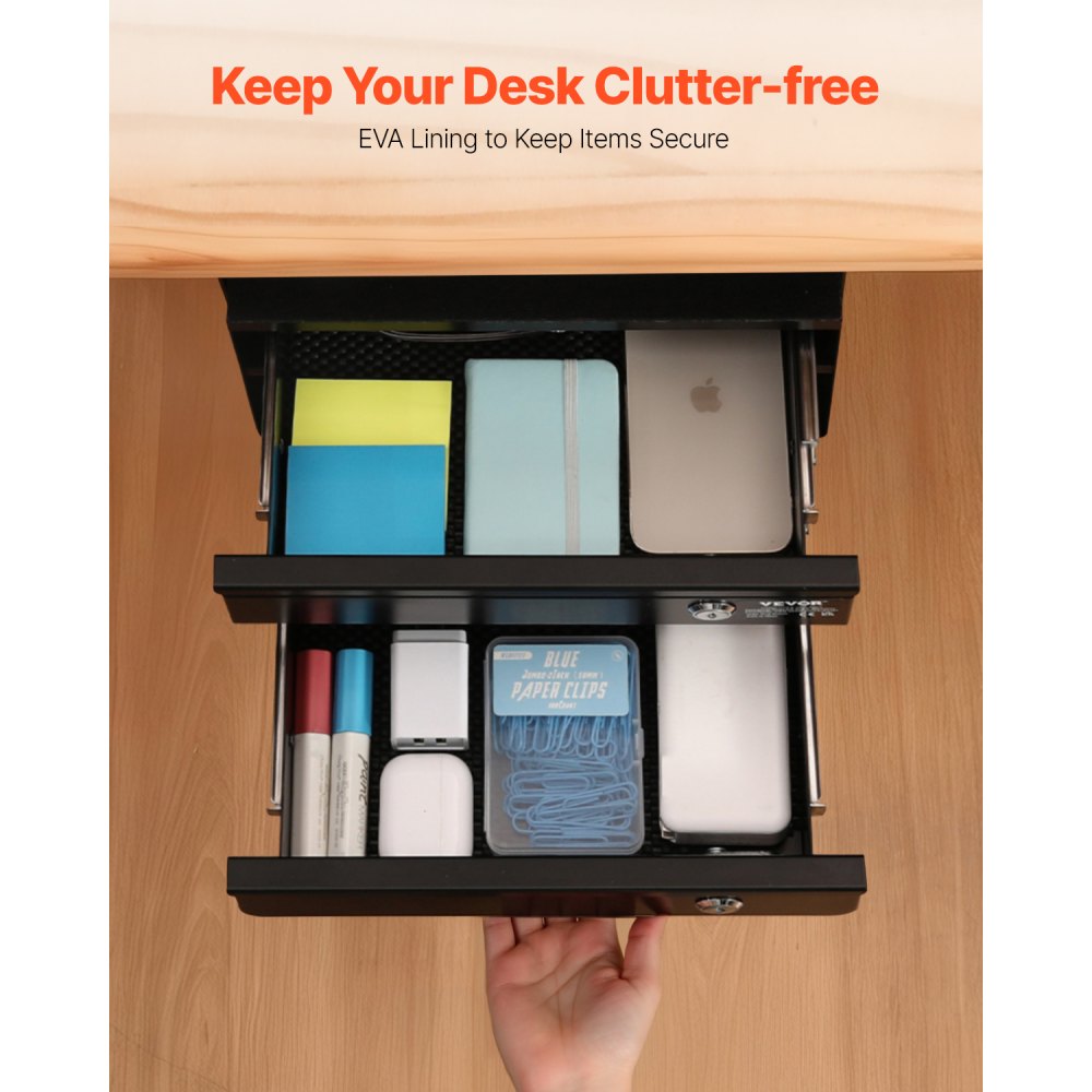VEVOR Under-Desk Drawer 365x335x250 mm, Under-Desk Mounting, Hidden 2-Tier Storage Organizer, Lockable Pencil Drawer for Under-Desk Mounting for Sit-Stand Workstations