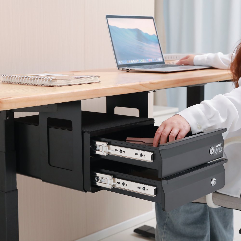 VEVOR Under-Desk Drawer 365x335x250 mm, Under-Desk Mounting, Hidden 2-Tier Storage Organizer, Lockable Pencil Drawer for Under-Desk Mounting for Sit-Stand Workstations