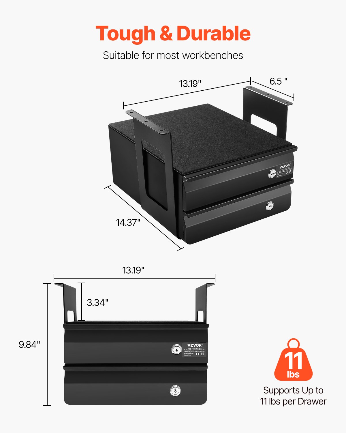 VEVOR Under-Desk Drawer 365x335x250 mm, Under-Desk Mounting, Hidden 2-Tier Storage Organizer, Lockable Pencil Drawer for Under-Desk Mounting for Sit-Stand Workstations