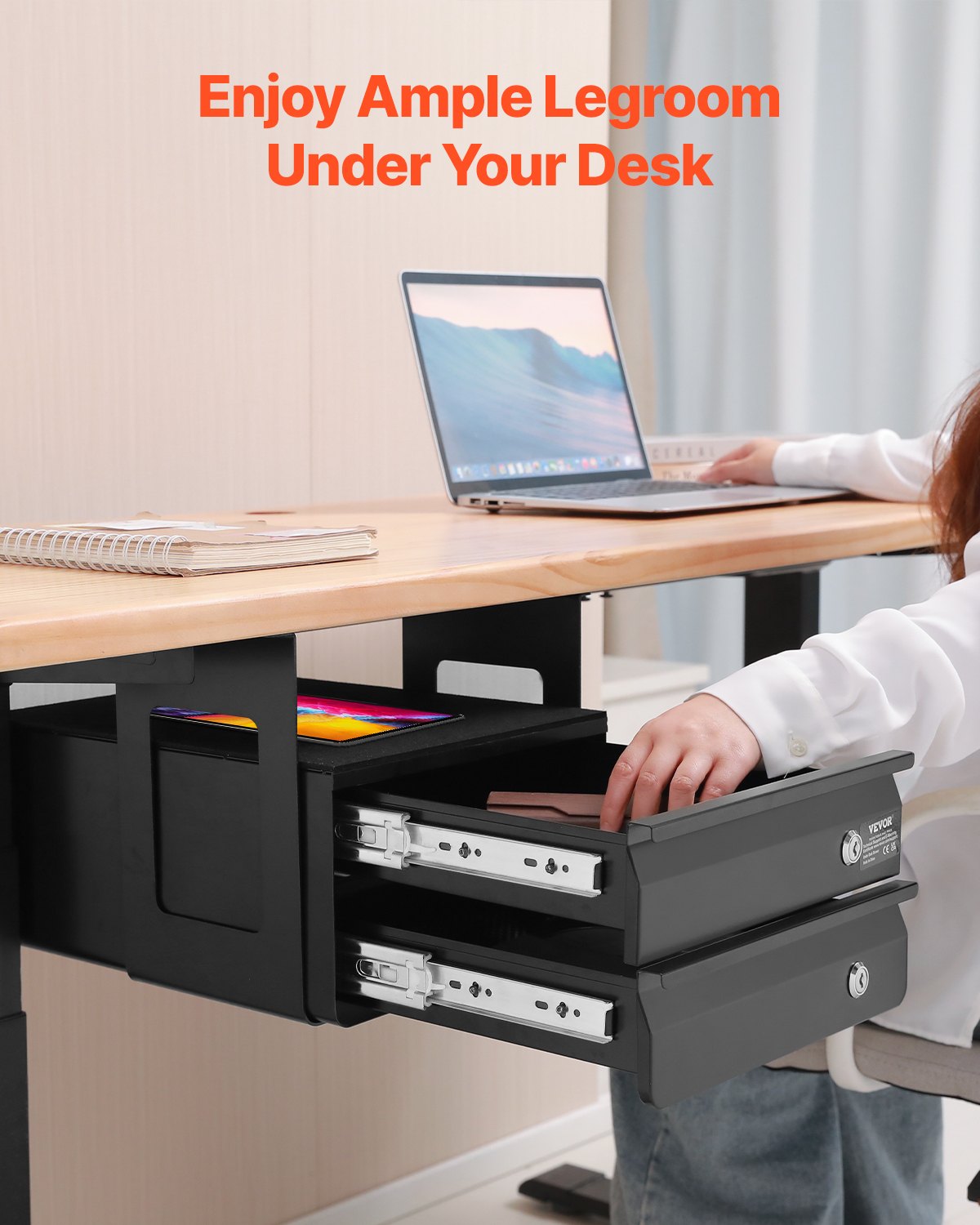 VEVOR Under-Desk Drawer 365x335x250 mm, Under-Desk Mounting, Hidden 2-Tier Storage Organizer, Lockable Pencil Drawer for Under-Desk Mounting for Sit-Stand Workstations