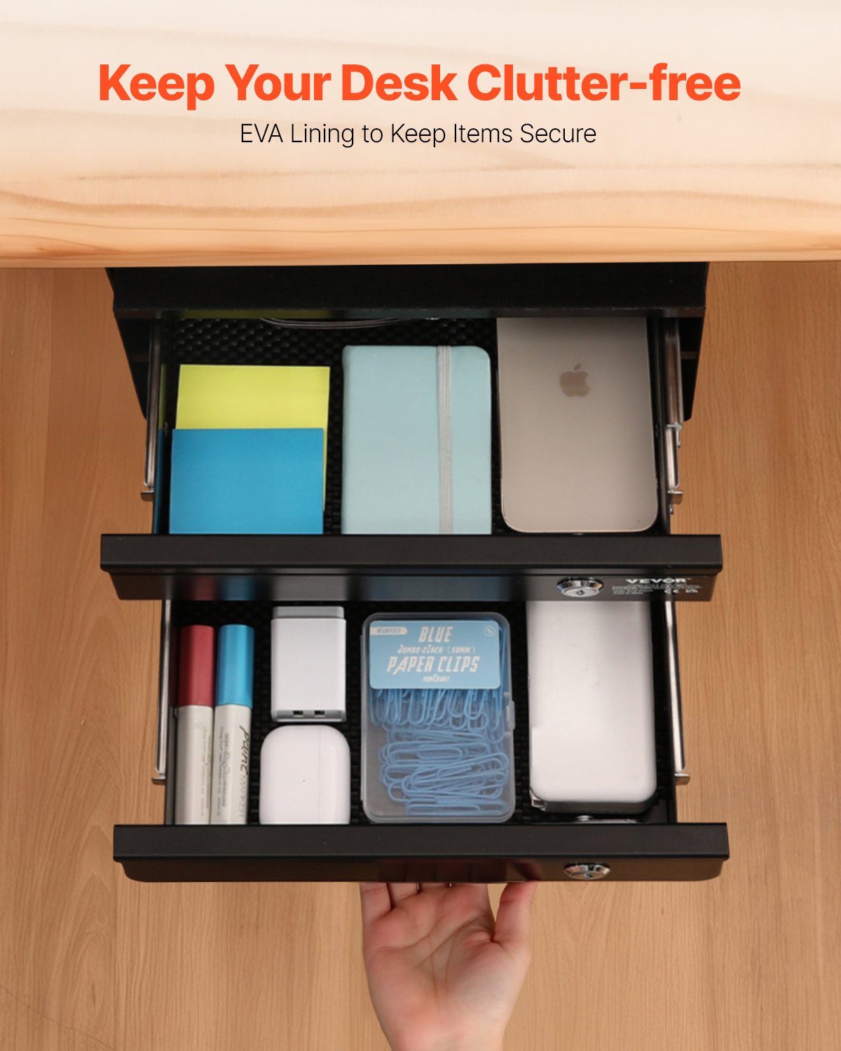 VEVOR Under-Desk Drawer 365x335x250 mm, Under-Desk Mounting, Hidden 2-Tier Storage Organizer, Lockable Pencil Drawer for Under-Desk Mounting for Sit-Stand Workstations