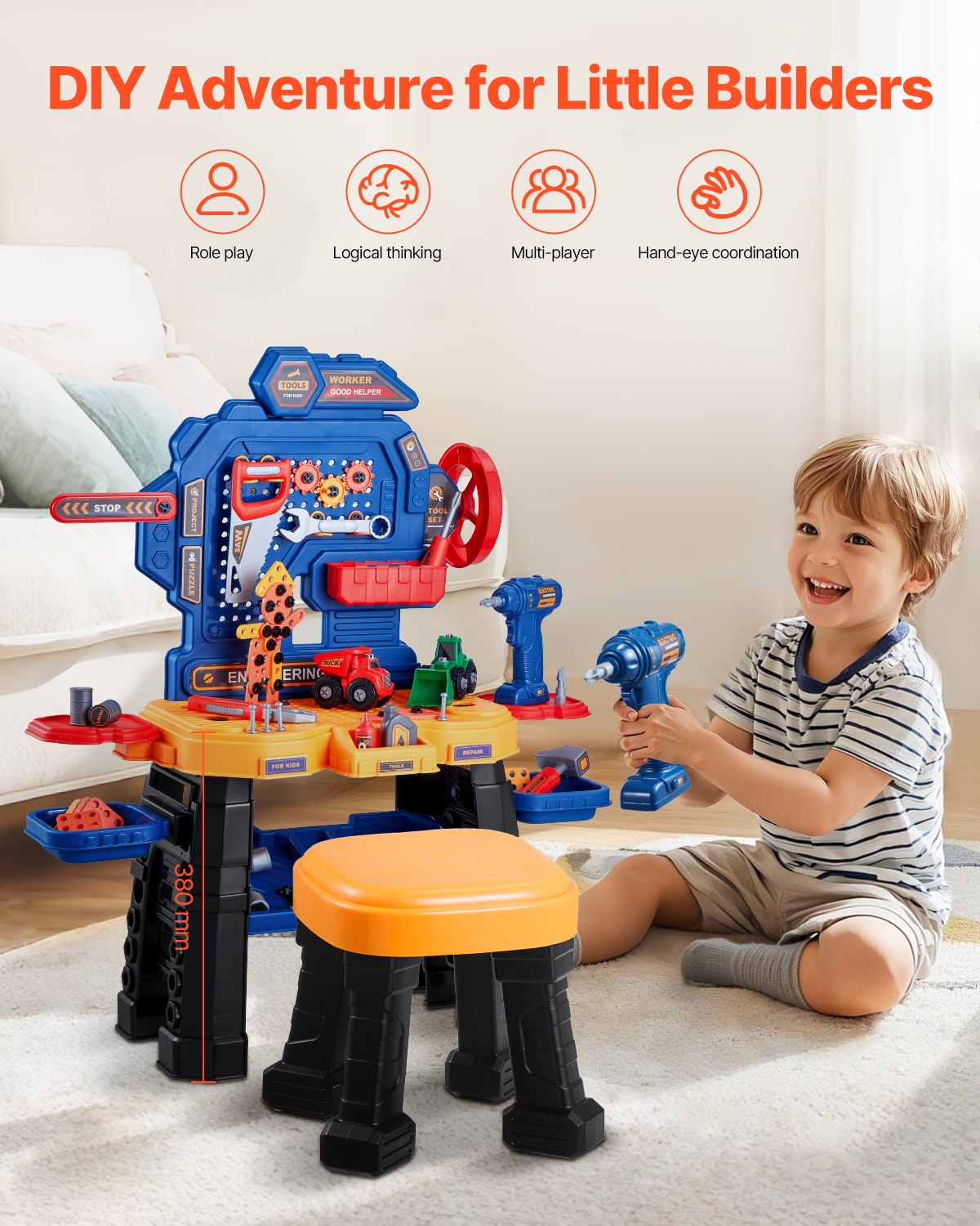 VEVOR Banco de Trabajo de Juguete para Niños, 181 PCS Banco de Herramientas con Herramientas Realistas y Taladro Eléctrico, Banco de Trabajo de Construcción Juguete para Niños de 3 Años en Adelante