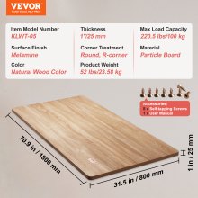 VEVOR Tablero de Madera de Mesa 180x80x2,5 cm Capacidad de Carga de 100 kg Tablero de Mesa Rectangular de Aglomerado para Escritorio Superficie de Mesa Encimera Mesa de Comedor, Hogar, Cocina, Oficina