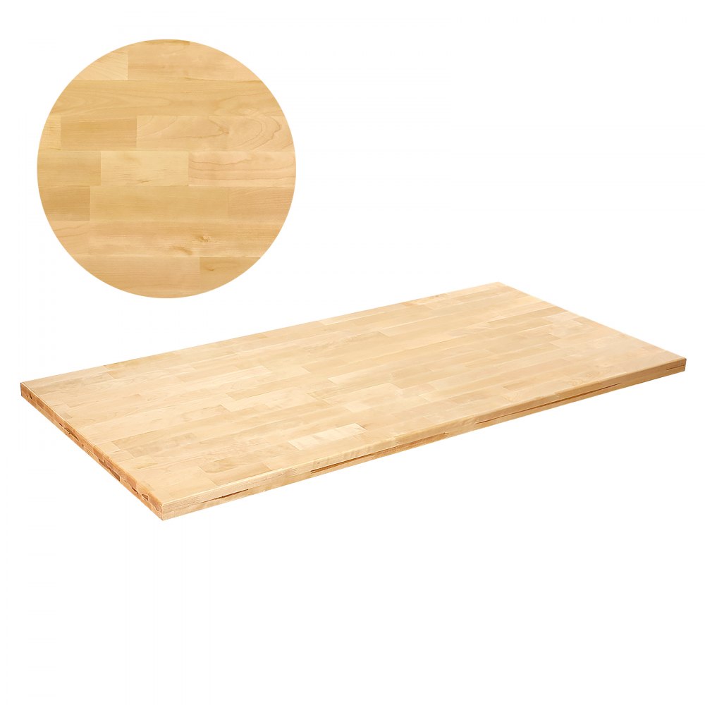 Tablero de mesa de madera VEVOR con acabado natural claro y detalle en primer plano del patrón de vetas de la madera