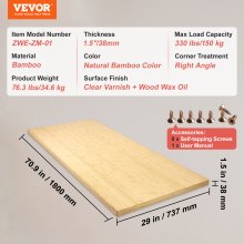 VEVOR Tablero Rectangular de Mesa de Escritorio de Bambú 1800 x 737 x 38 mm