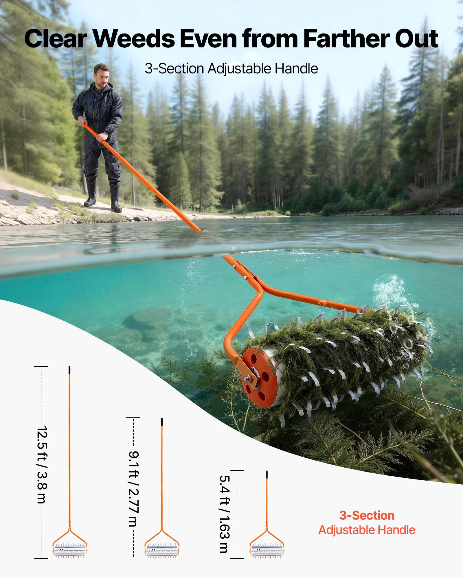 VEVOR Rodillo de Rastrillo de Estanque, Ancho de Trabajo 3,66 m, Eliminador de Malas Hierbas Acuáticas, 9 Cuchillas de Acero Galvanizado, Mango Extensible de Aluminio, Herramienta para Lago Estanque