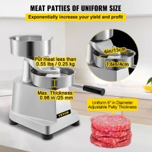VEVOR Prensa de Hamburguesa de Acero Inoxidable Prensa de Hamburguesas de Diámetro 6 Pulgadas Prensa de Hamburguesa Máquina para Hacer Hamburguesas Adecuada para Cocinas Comerciales Restaurantes