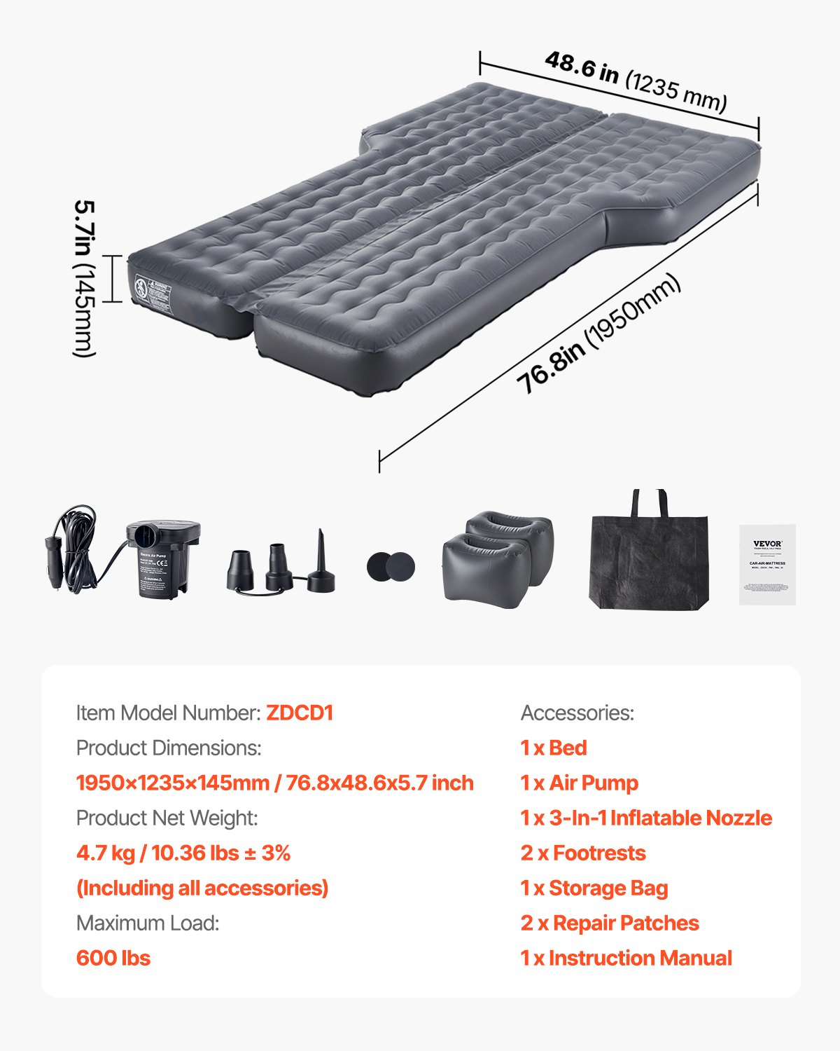 VEVOR Car Air Mattress, Inflatable Camping Mattress, Thickened Oxford Travel Bed, Portable Sleeping Mat with Air Pump, Nozzle & Carrying Bag, for Most SUVs, MPVs, and Sedans, Gray