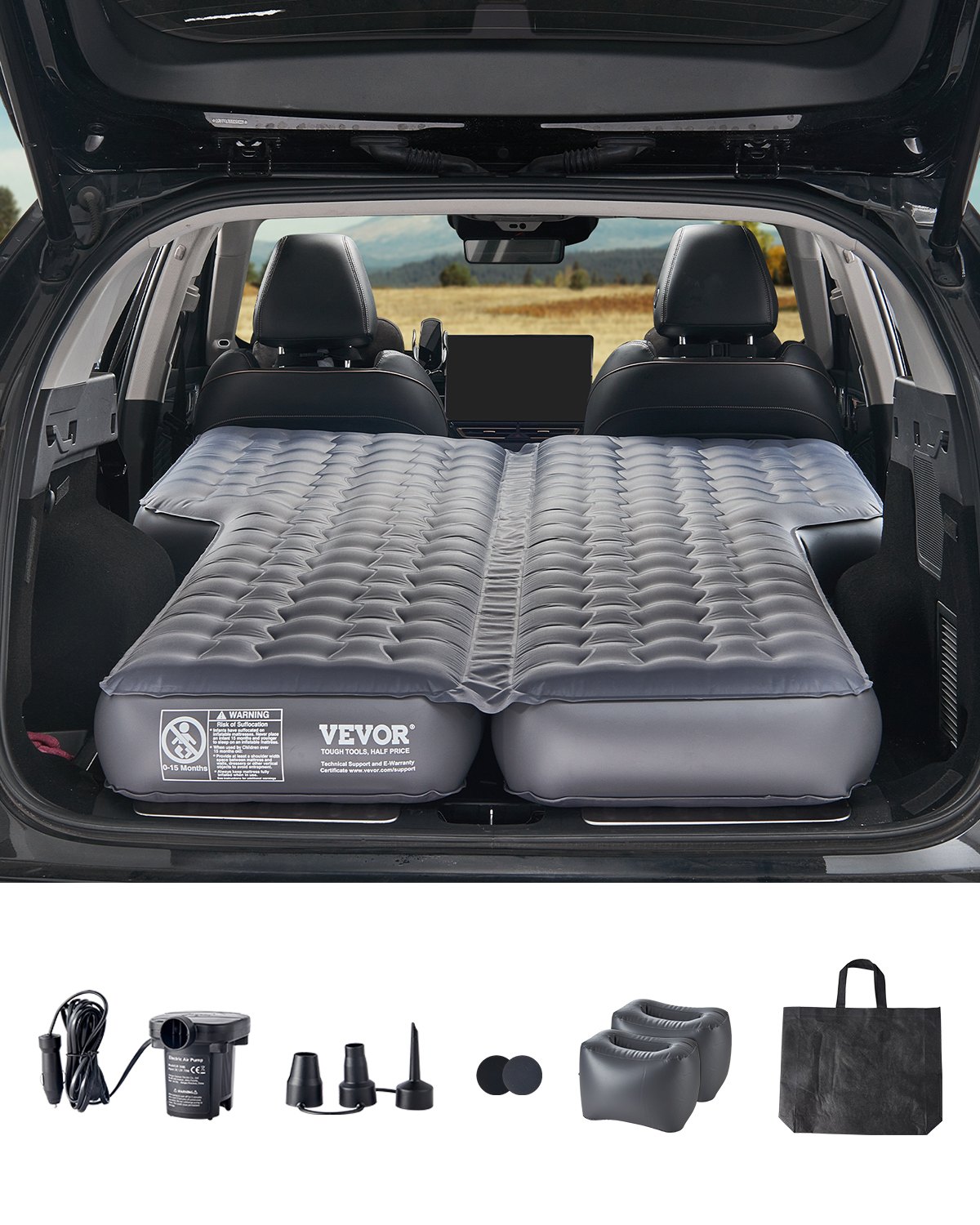 VEVOR Car Air Mattress, Inflatable Camping Mattress, Thickened Oxford Travel Bed, Portable Sleeping Mat with Air Pump, Nozzle & Carrying Bag, for Most SUVs, MPVs, and Sedans, Gray