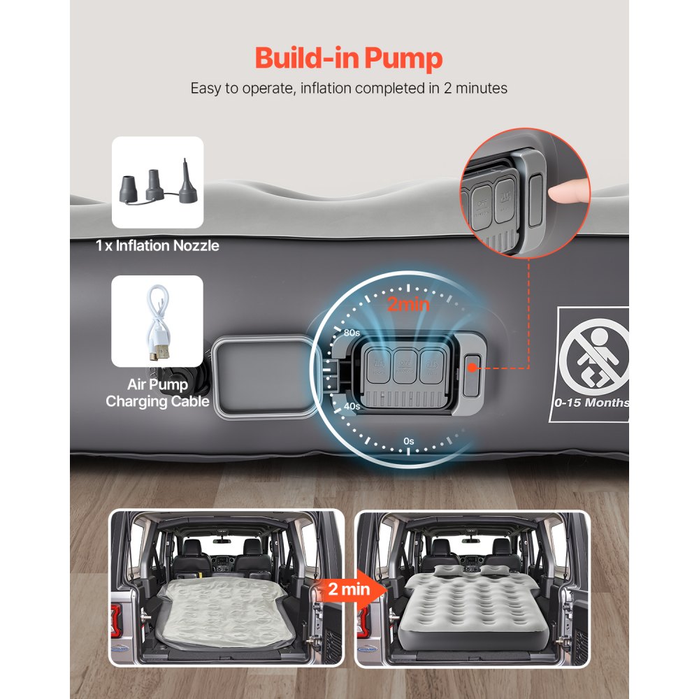 VEVOR Colchón Inflable para Coche, Compatible con Toyota 4Runner y Jeep Wrangler, con Relleno Flocado, Colchoneta Portátil Duradera con Bomba Integrada y 2 Almohadas, Gris, 1880 x 1380 x 235 mm