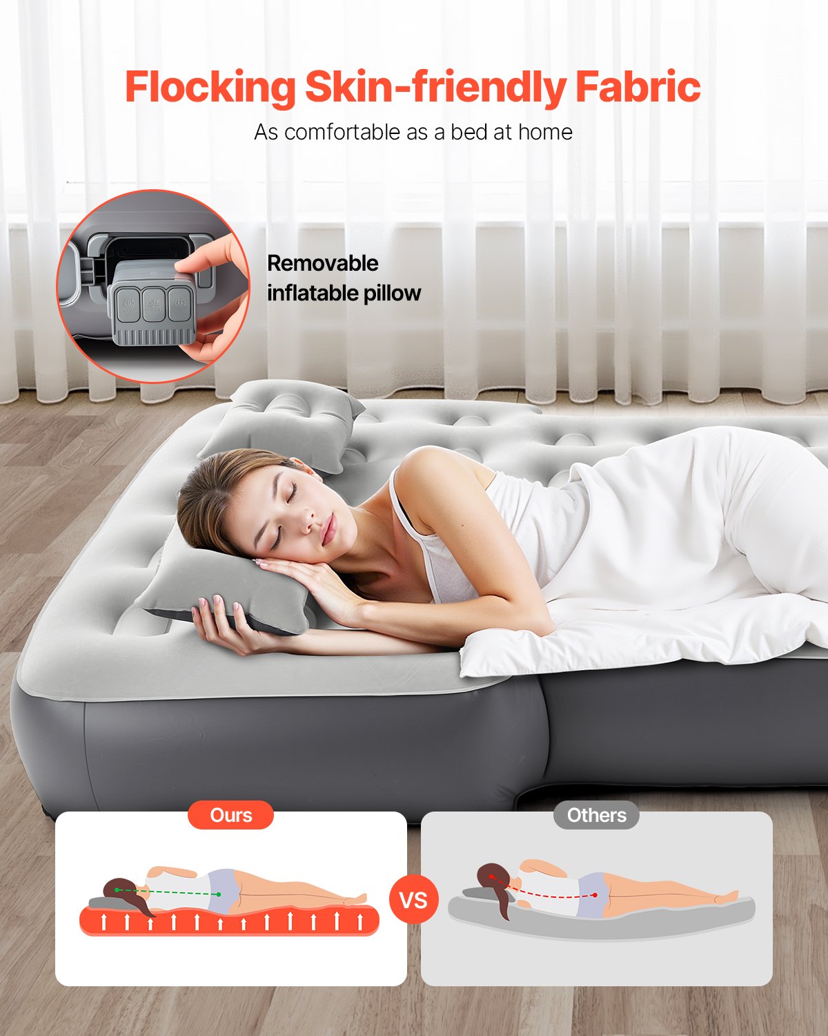 VEVOR Colchón Inflable para Coche, Compatible con Toyota 4Runner y Jeep Wrangler, con Relleno Flocado, Colchoneta Portátil Duradera con Bomba Integrada y 2 Almohadas, Gris, 1880 x 1380 x 235 mm