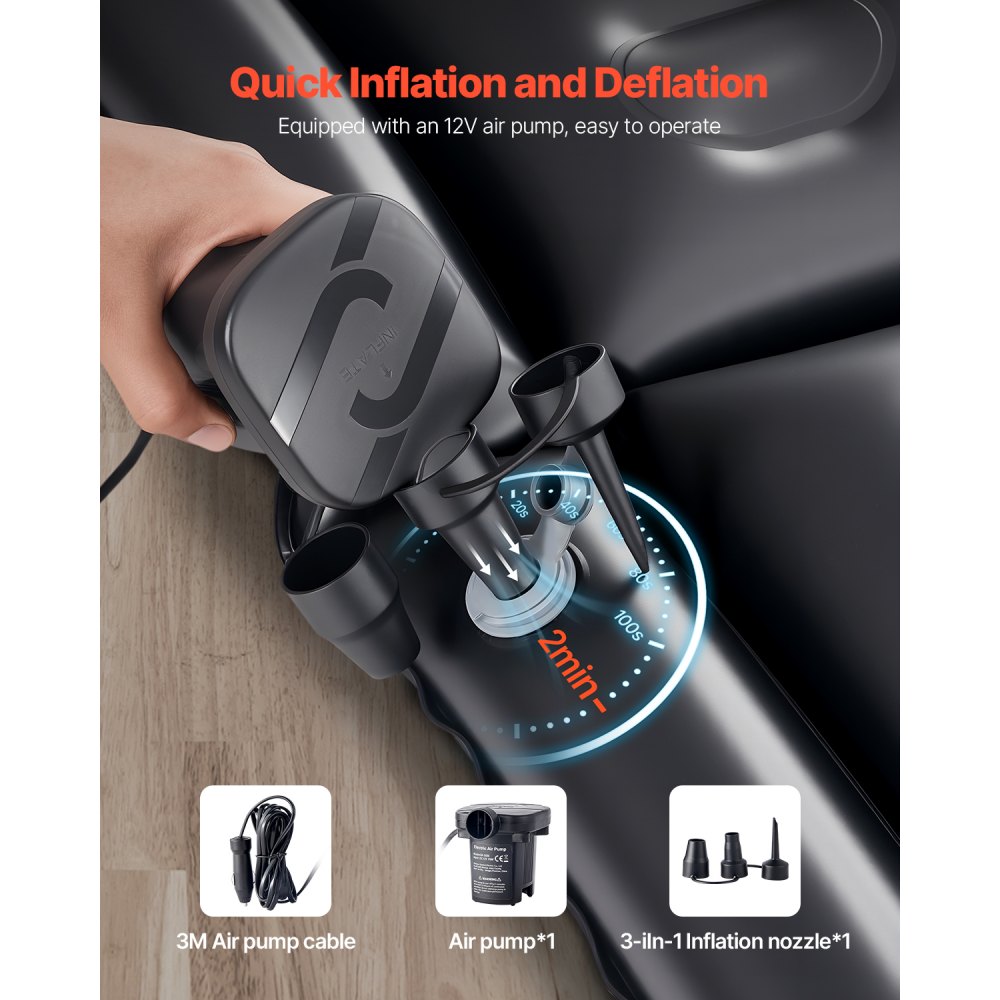 VEVOR Colchón Inflable de Camping para Coche, Grueso y Aterciopelado, Duradero con Bomba de Aire, 2 Almohadas, Boquilla y Bolsa de Transporte, para SUV, MPV y Sedán, Negro, 1750 x 1330 x 150 mm