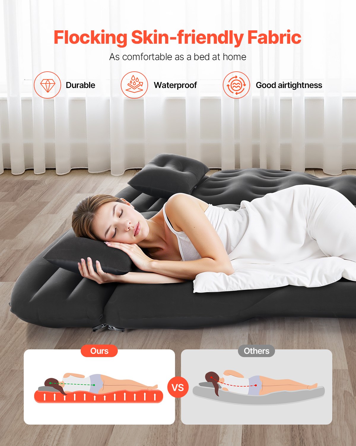 VEVOR Colchón Inflable de Camping para Coche, Grueso y Aterciopelado, Duradero con Bomba de Aire, 2 Almohadas, Boquilla y Bolsa de Transporte, para SUV, MPV y Sedán, Negro, 1750 x 1330 x 150 mm