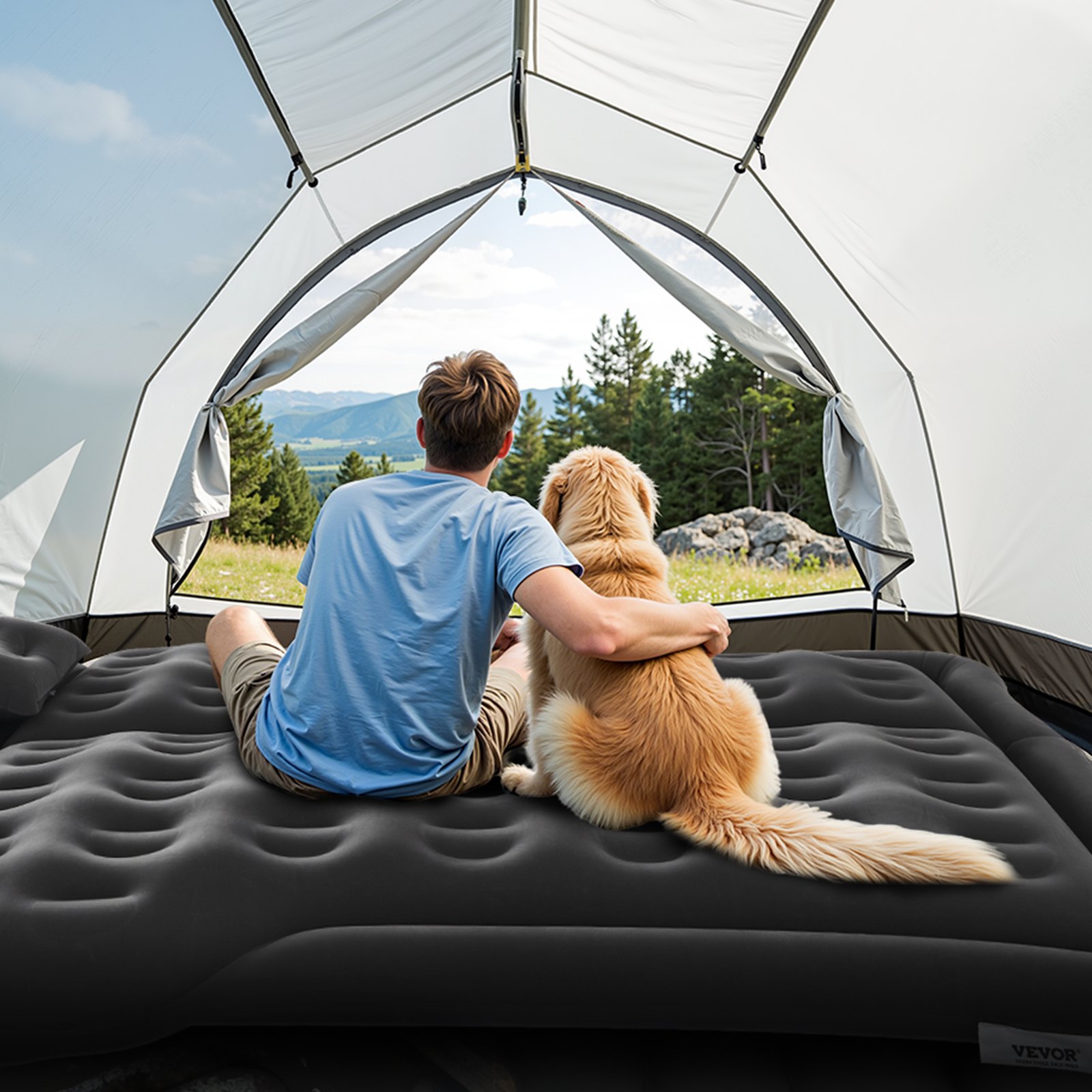 VEVOR Colchón Inflable de Camping para Coche, Grueso y Aterciopelado, Duradero con Bomba de Aire, 2 Almohadas, Boquilla y Bolsa de Transporte, para SUV, MPV y Sedán, Negro, 1750 x 1330 x 150 mm