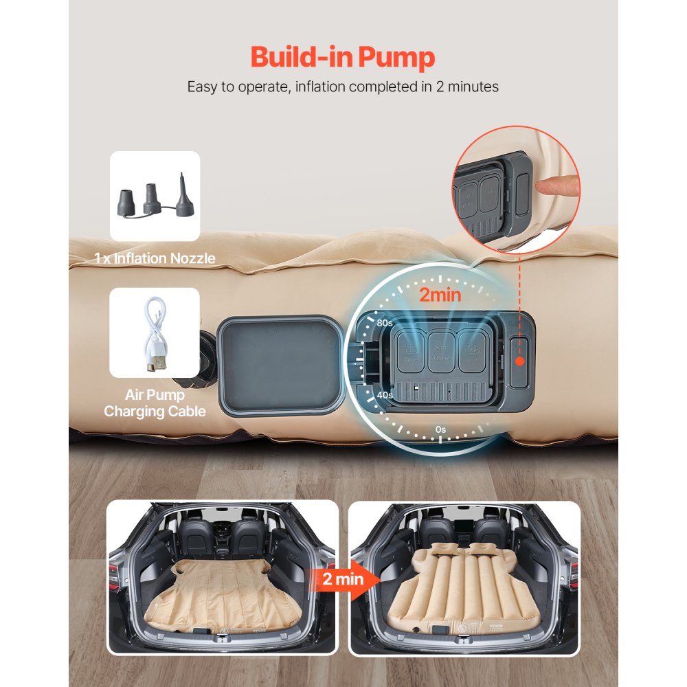 VEVOR Colchón Inflable para Coche, Compatible con Tesla Model Y 2020-24, Hinchable y Grueso con Flocado, Colchoneta Portátil Duradera con Bomba Integrada, 2 Almohadas, Beige, 2135 x 1250 x 200 mm