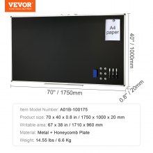 VEVOR Pizarra Magnética 175x100cm Pizarra de borrado en seco Marco de aluminio resistente Fácil montaje en pared con 3 rotuladores 1 borrador 6 imanes para presentaciones Trabajo Oficina Hogar Escuela
