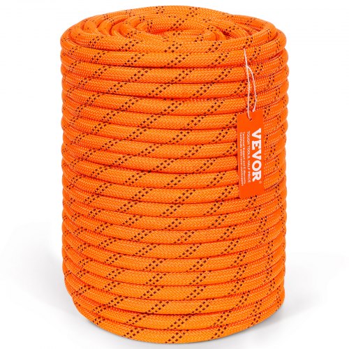 VEVOR Cuerda de Poliéster Trenzado doble Naranja y Negro, 12,7mm x 67,06m, 48 ​​hebras, 35,58 kN de Resistencia a la Rotura Cuerda de Escalada al Aire Libre para Senderismo en Roca, Camping, Columpio