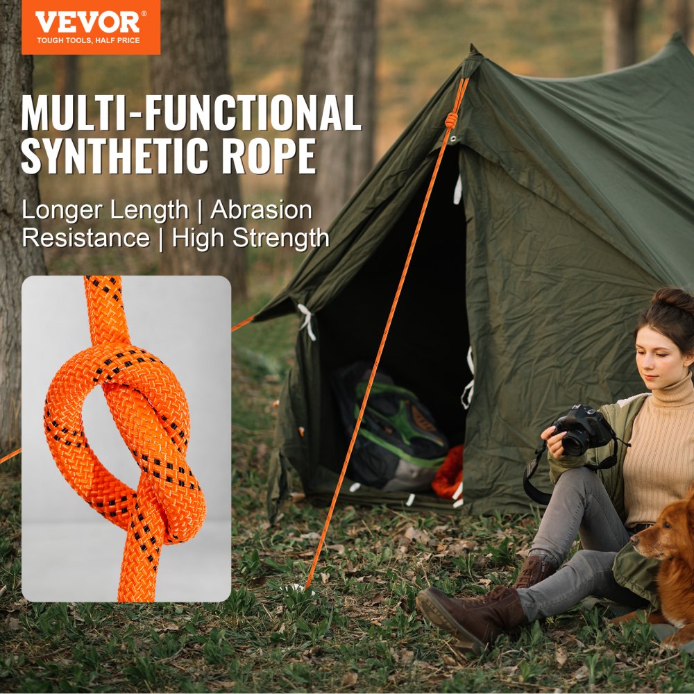 VEVOR Cuerda de Poliéster Trenzado doble Naranja y Negro, 12,7mm x 67,06m, 48 ​​hebras, 35,58 kN de Resistencia a la Rotura Cuerda de Escalada al Aire Libre para Senderismo en Roca, Camping, Columpio