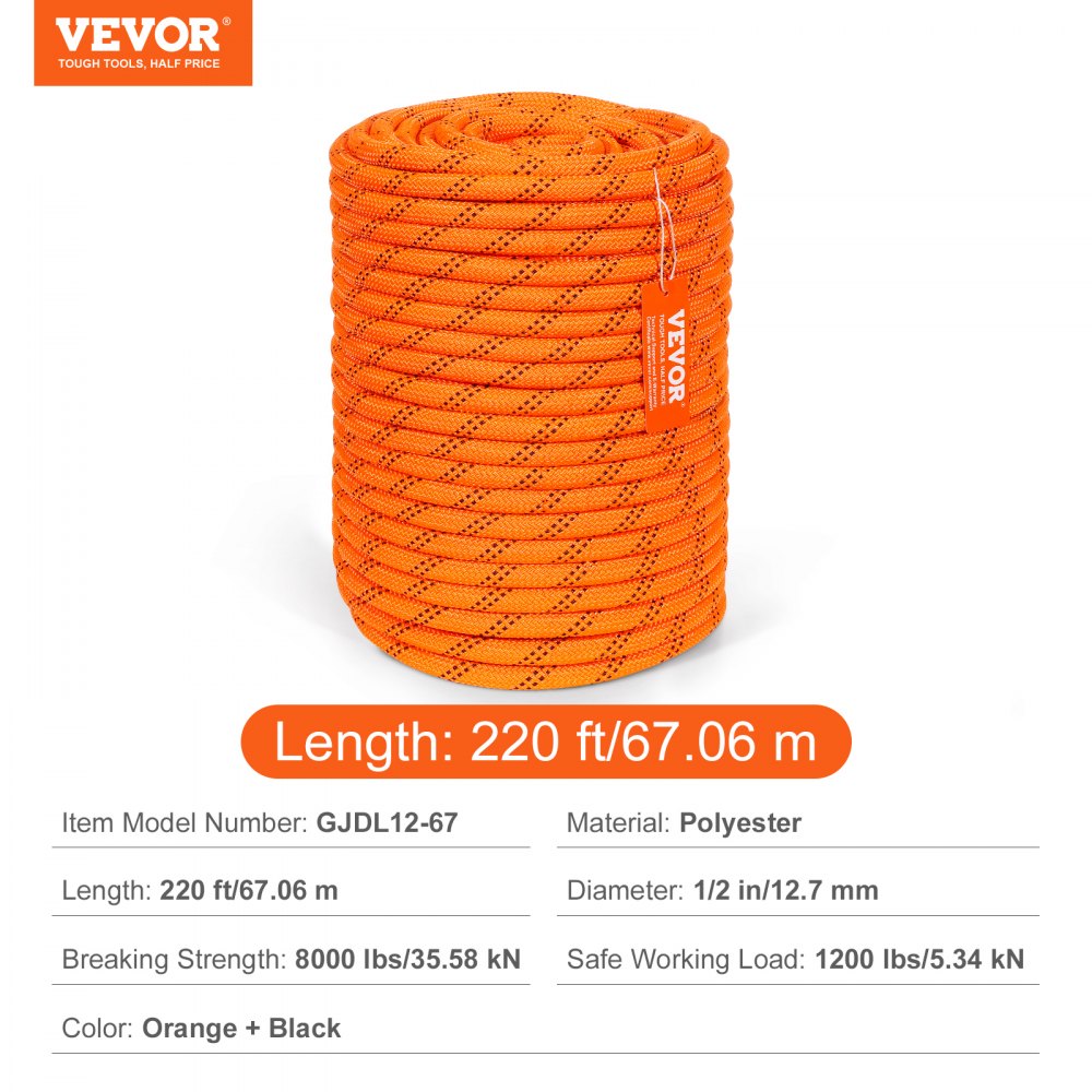 VEVOR Cuerda de Poliéster Trenzado doble Naranja y Negro, 12,7mm x 67,06m, 48 ​​hebras, 35,58 kN de Resistencia a la Rotura Cuerda de Escalada al Aire Libre para Senderismo en Roca, Camping, Columpio
