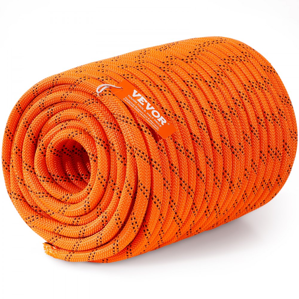 VEVOR Cuerda de Poliéster Trenzado doble Naranja y Negro, 12,7mm x 67,06m, 48 ​​hebras, 35,58 kN de Resistencia a la Rotura Cuerda de Escalada al Aire Libre para Senderismo en Roca, Camping, Columpio