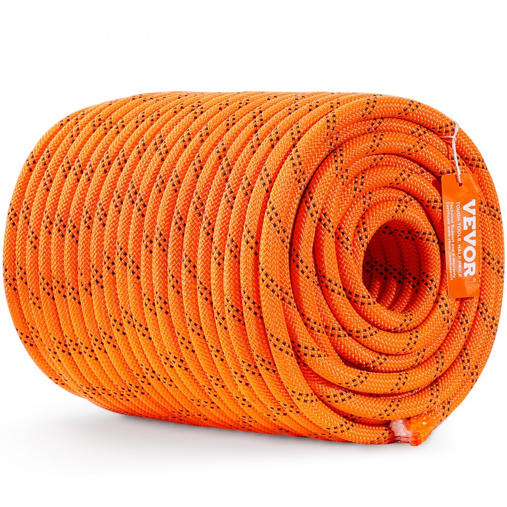 VEVOR Cuerda de Poliéster Trenzado doble Naranja y Negro, 12,7mm x 67,06m, 48 ​​hebras, 35,58 kN de Resistencia a la Rotura Cuerda de Escalada al Aire Libre para Senderismo en Roca, Camping, Columpio