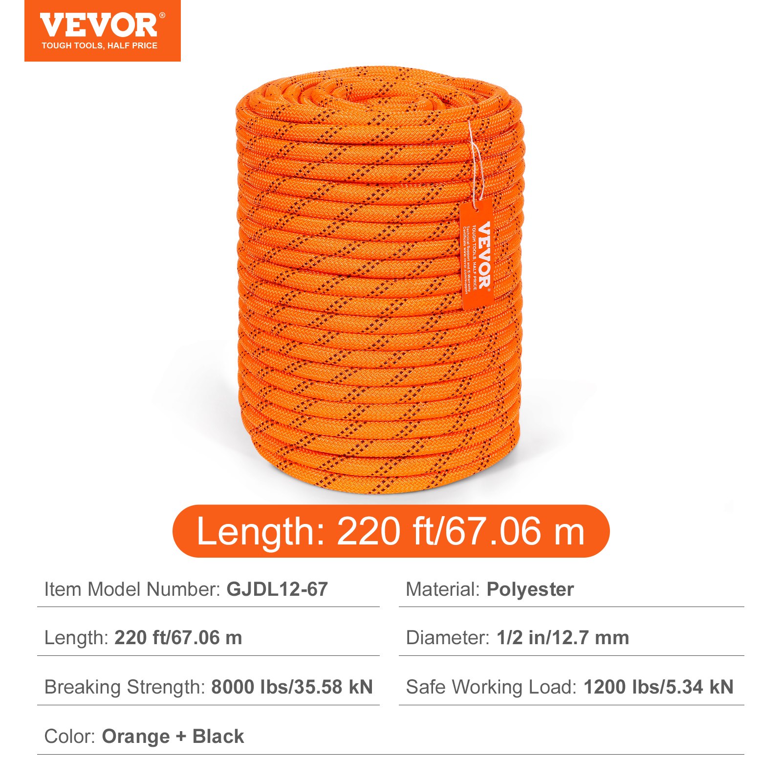 VEVOR Cuerda de Poliéster Trenzado doble Naranja y Negro, 12,7mm x 67,06m, 48 ​​hebras, 35,58 kN de Resistencia a la Rotura Cuerda de Escalada al Aire Libre para Senderismo en Roca, Camping, Columpio
