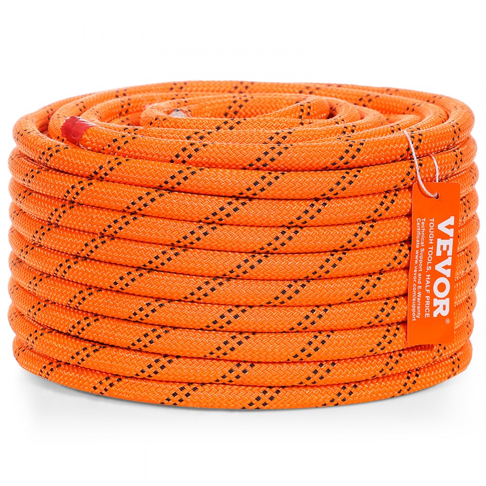 Bobina compacta de cuerda de escalada VEVOR de color naranja vibrante con motas negras y una etiqueta de marca.