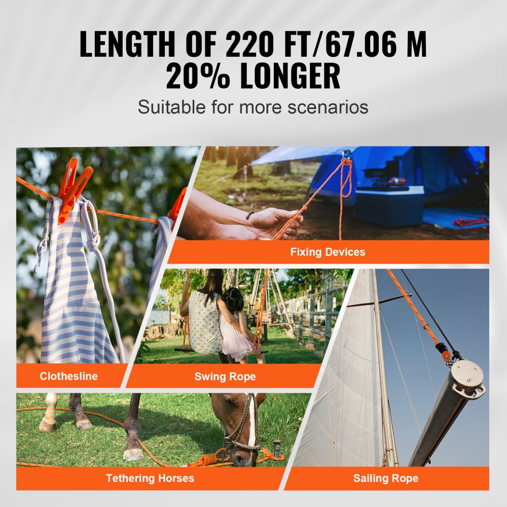 VEVOR Cuerda de Poliéster Trenzado doble Naranja y Negro, 19 mm x 67.06 m, 24 ​​hebras, 88.96 kN de Resistencia a la Rotura Cuerda de Escalada al Aire Libre para Senderismo en Roca, Camping, Columpio