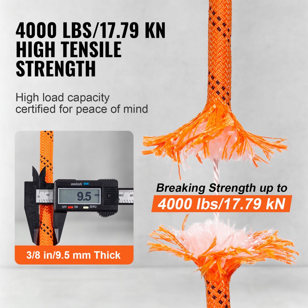 VEVOR Cuerda de Poliéster Trenzado doble Naranja y Negro, 9.5 mm x 36.57 m, 48 ​​hebras, 17.79 kN de Resistencia a la Rotura Cuerda de Escalada al Aire Libre para Senderismo en Roca, Camping, Columpio