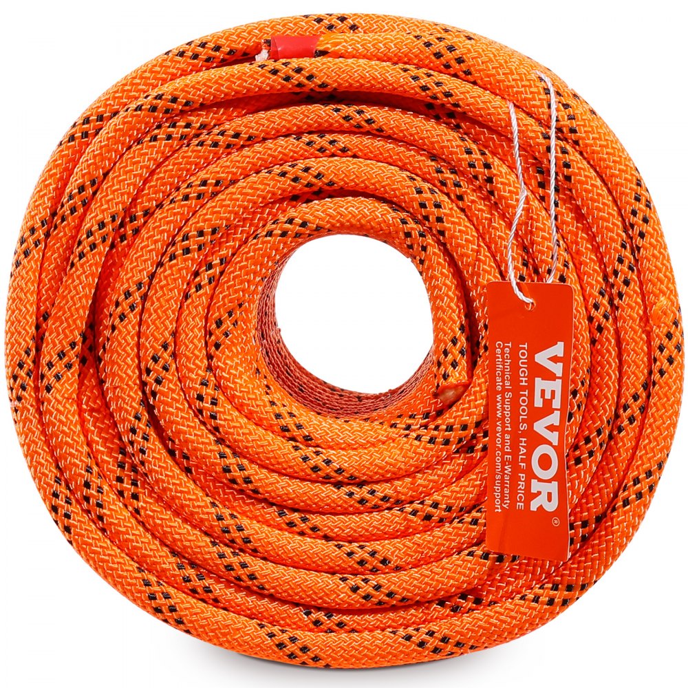 VEVOR Cuerda de Poliéster Trenzado doble Naranja y Negro, 9.5 mm x 36.57 m, 48 ​​hebras, 17.79 kN de Resistencia a la Rotura Cuerda de Escalada al Aire Libre para Senderismo en Roca, Camping, Columpio