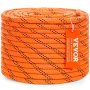 Cuerda de poliéster trenzado doble VEVOR en espiral de color naranja con etiqueta con detalles técnicos y marca.