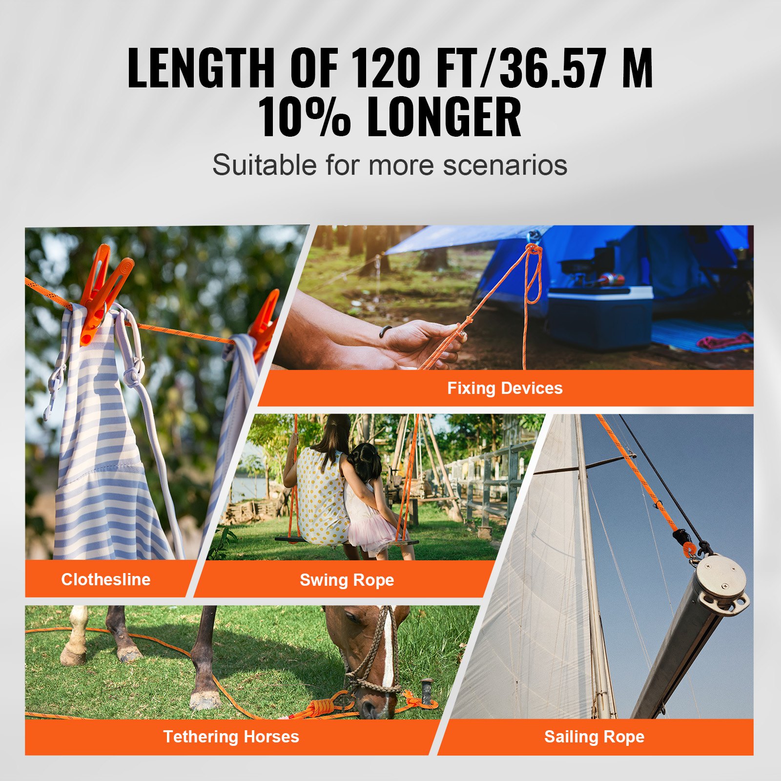 VEVOR Cuerda de Poliéster Trenzado doble Naranja y Negro, 9.5 mm x 36.57 m, 48 ​​hebras, 17.79 kN de Resistencia a la Rotura Cuerda de Escalada al Aire Libre para Senderismo en Roca, Camping, Columpio