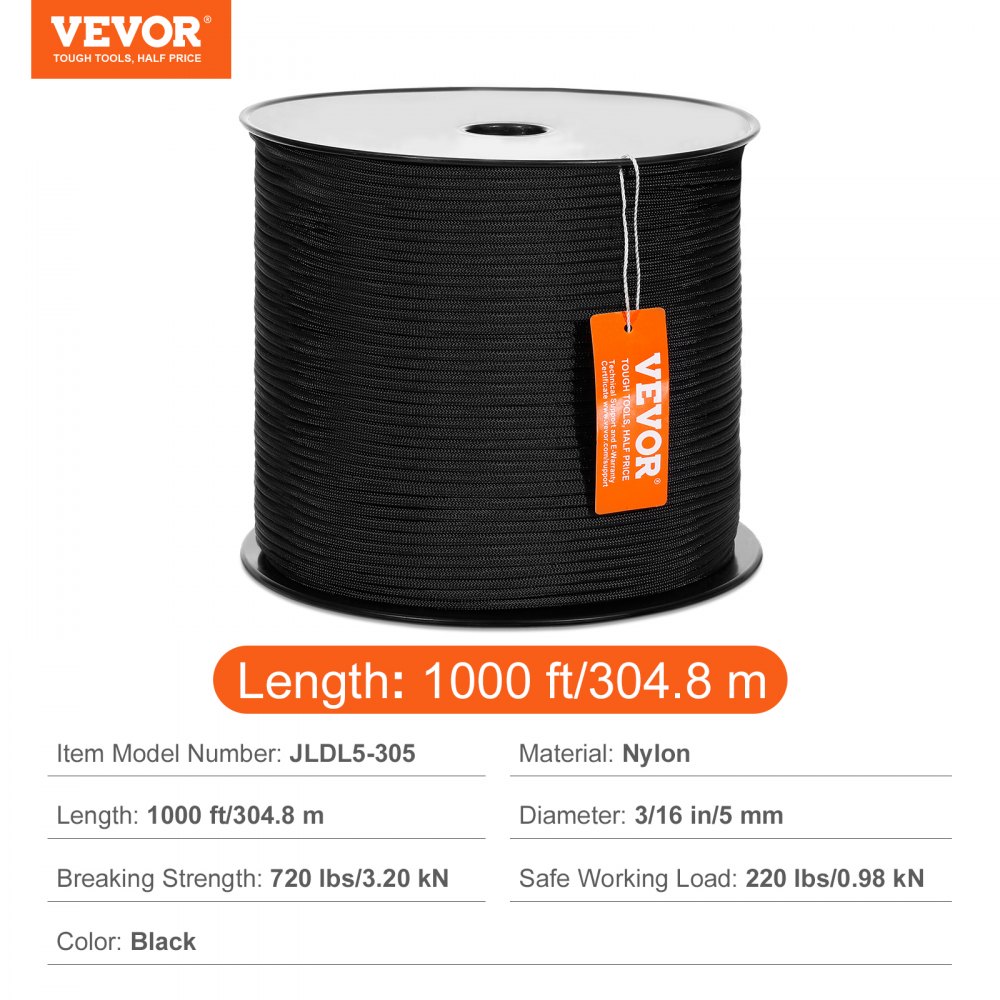 VEVOR Braided Nylon Rope, 3/16 inch x 1000 feet, 32 strands, 720 lb breaking strength, outdoor climbing rope, arborist climbing rope for rock climbing, camping, swinging, rappelling, rescue