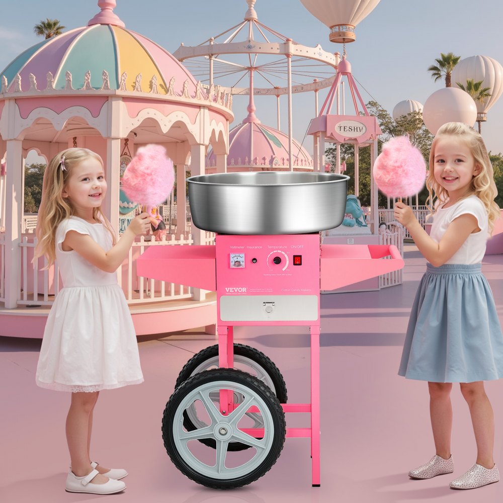 VEVOR Máquina Eléctrica de Algodón de Azúcar con Carro, 1000 W, con Recipiente de Acero Inoxidable de 52 cm, con Cuchara, para Hogar, Cumpleaños, Fiestas Familiares, Rosa, 819 x 520 x 855 mm