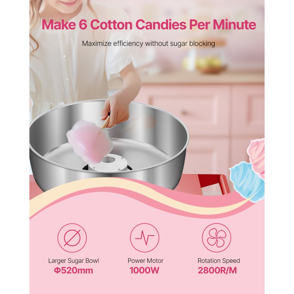 VEVOR Electric Cotton Candy Machine, Commercial Cotton Candy Equipment with Cart (1000 W) with 52 cm Stainless Steel Bowl, Sugar Scoop & Drawer, Perfect for Children's Birthdays and Family Parties, Red