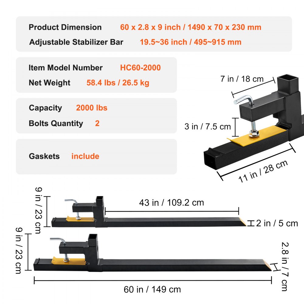 VEVOR pallet forks 1490x70x230mm, fork carriage 907kg load capacity, fork length 149cm with 109.2cm fork blade, forklift, forklift tines, front loader, pallet frame