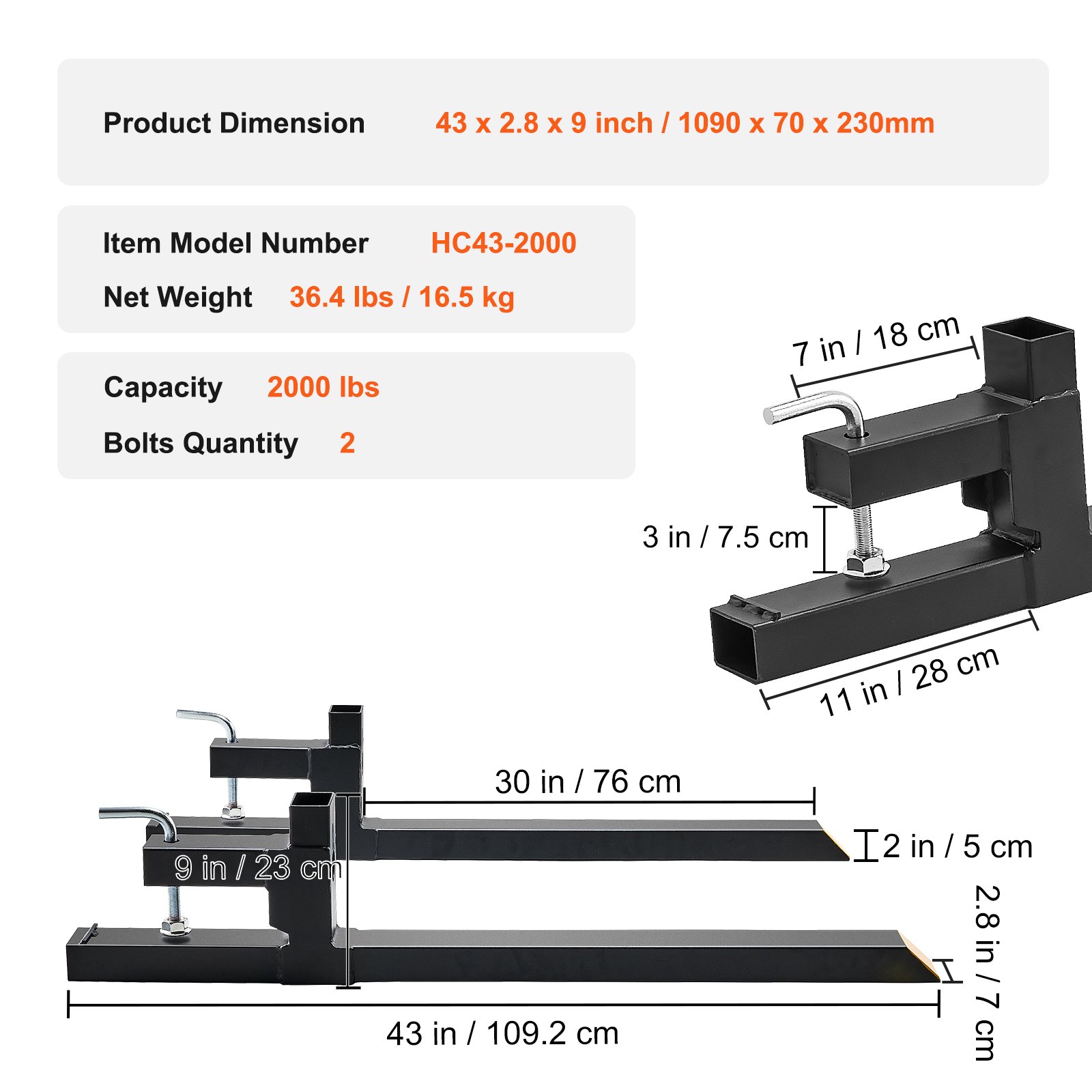 Horquillas para paletas VEVOR, modelo hc43-2000, capacidad de 2000 lbs, dimensiones 43x2.8x9 pulgadas con 2 pernos.