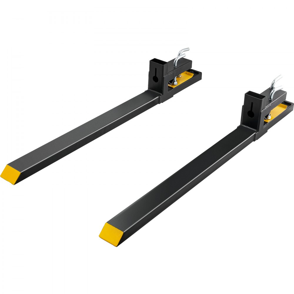 Horquillas para paletas VEVOR de alta resistencia, negras con puntas amarillas, diseño ajustable, abrazaderas de metal resistentes.