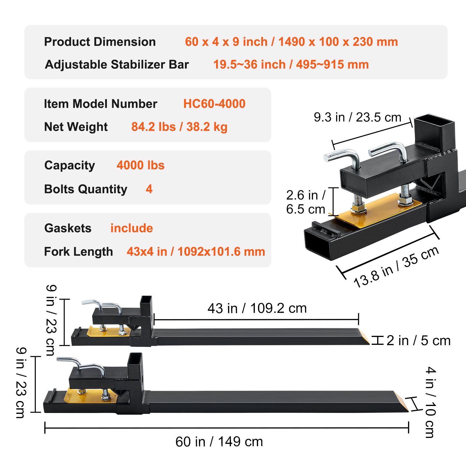 Especificaciones de las horquillas para paletas VEVOR: dimensiones de 60 x 4 x 9 pulgadas, capacidad de 4000 libras, modelo hc60-4000, longitud de horquilla de 43 x 4 pulgadas.