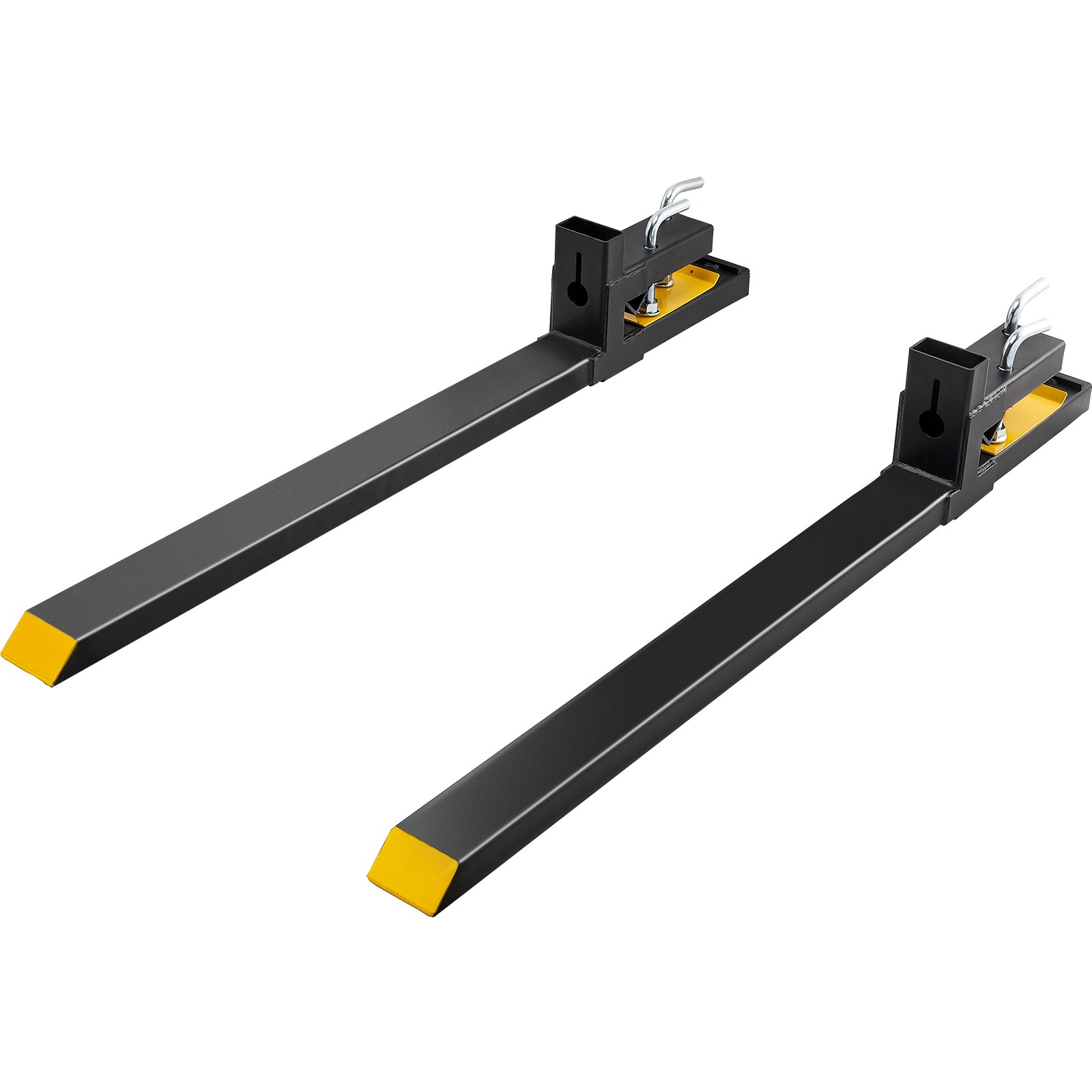 Horquillas para paletas VEVOR de alta resistencia, negras con puntas amarillas, diseño ajustable, abrazaderas de metal resistentes.