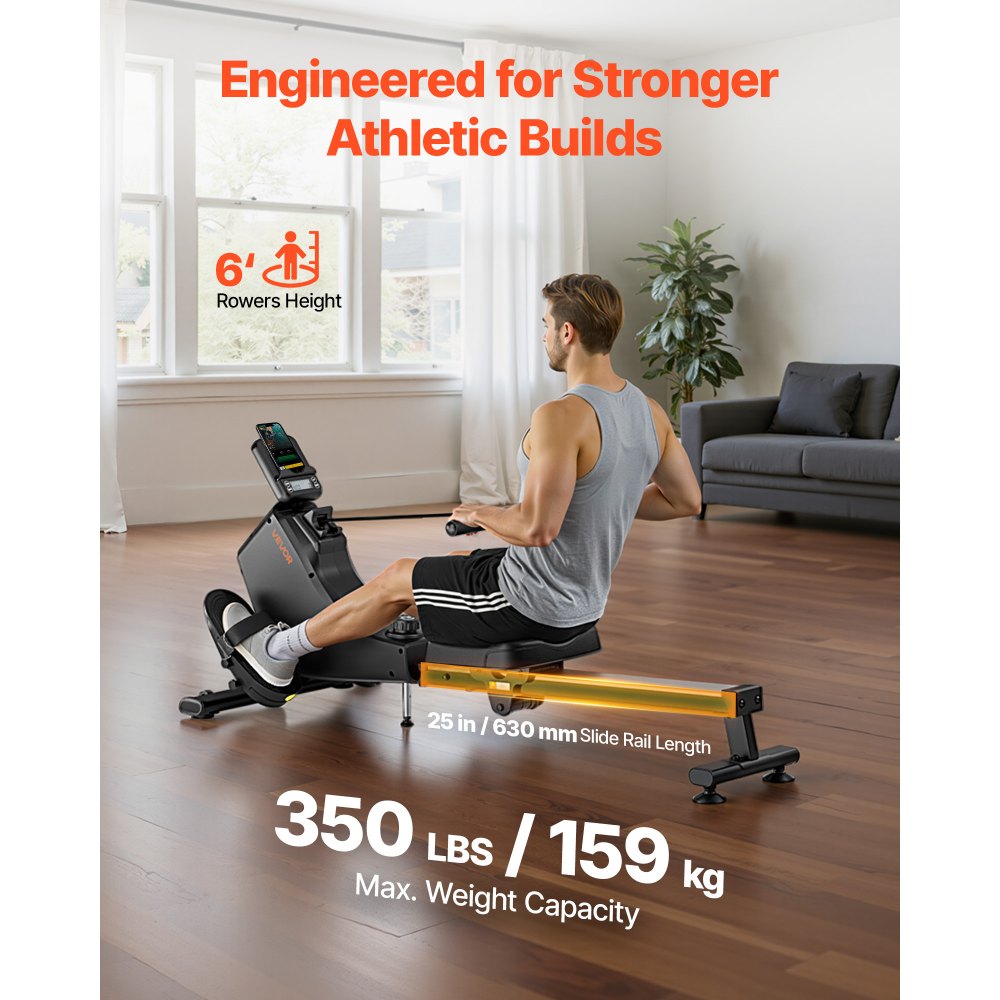 VEVOR Magnetic Rowing Machine,16-Level Quiet Resistance Adjustable, Foldable Rower Machine for Home, 158kg Weight Capacity, Row Machines with Smooth Pulley Design, Bluetooth APP Compatible & LCD Monitor