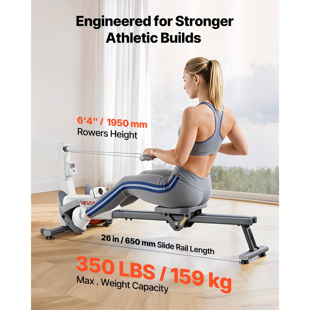VEVOR Máquina de Remo Magnética Silenciosa, con 16 Niveles de Resistencia Ajustables, con Rieles Deslizantes Dobles y Pantalla LCD, Compatible con Aplicación Bluetooth, 1450 x 480 x 585 mm, Blanco