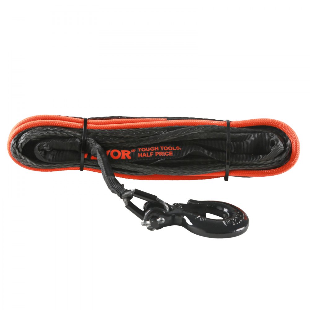 VEVOR Cuerda de Cabrestante 6,4 mm x 15,2 m Cable Sintético Resistencia a la Rotura 44,5 kN con Funda Protectora, Gancho de Cabrestante Forjado, Correa de Tracción para ATV, UTV, Vehículo, Camioneta